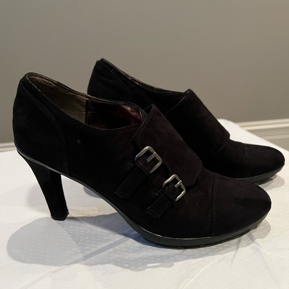 Tahari black suede booties.